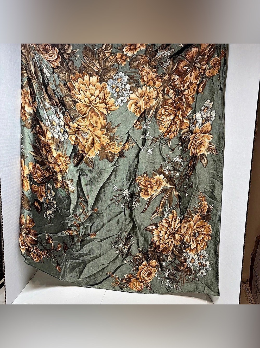 Ralph Lauren 100% Silk Scarf Sage Floral Hand Rolled Edge Square Japan Vintage